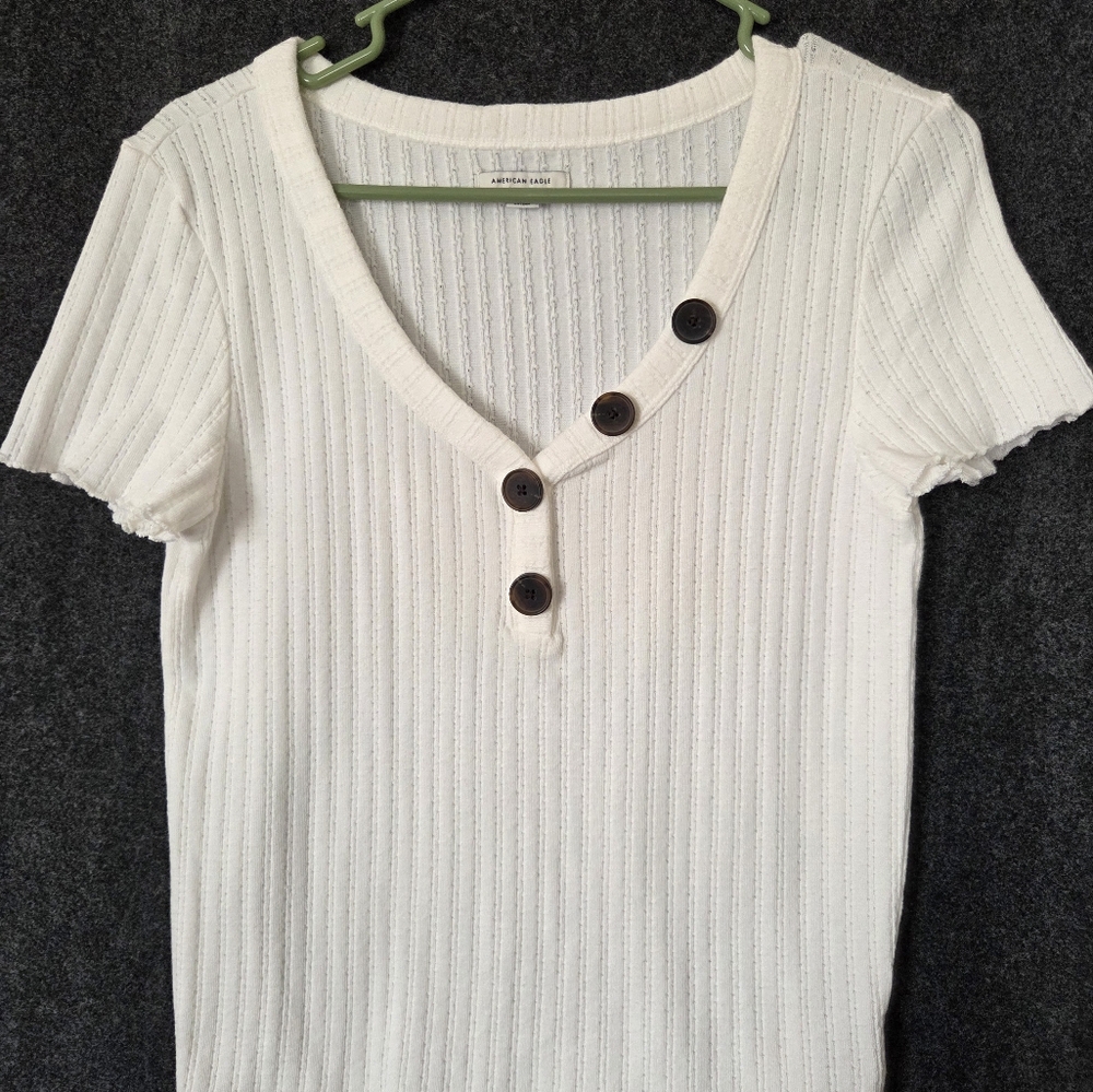 American Eagle Outfitters Cream Button-Accent Tee
